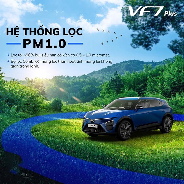 Với hệ thống lọc khí Combi PM 1.0 hiện đại, VF 7 Plus loại bỏ đến 90% bụi mịn kích thước 0.5 – 1.0 micromet. Trong mọi hành trình cầm lái, chiếc xe sẽ bảo vệ bạn toàn diện khỏi các tác nhân ô nhiễm không khí, mang lại không gian lái xe trong lành và thư giãn tối đa.