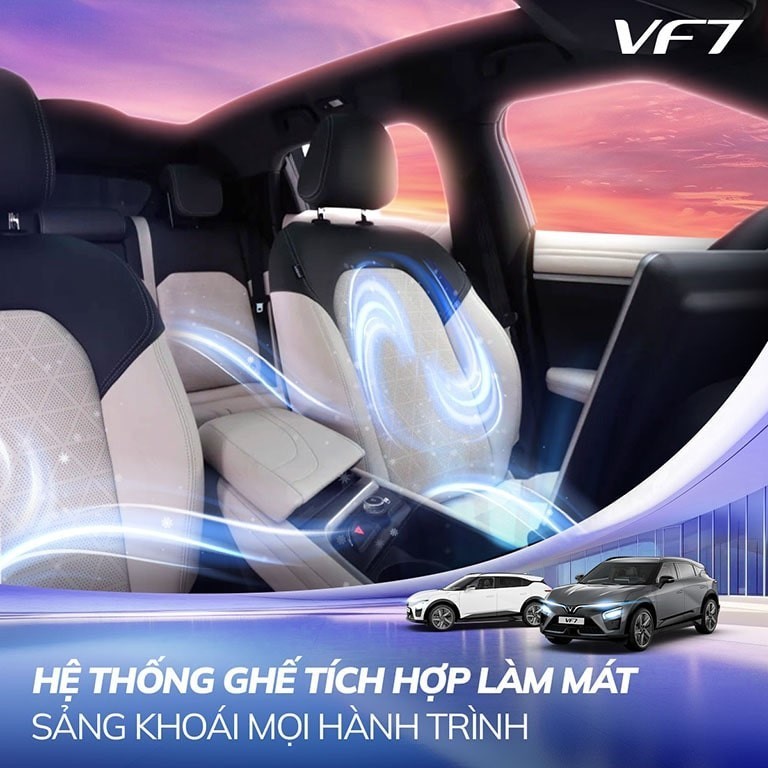 Là những gì bạn cảm nhận khi ngồi bất kỳ đâu trong 5 ghế trên VF 7. Không chỉ sở hữu chất liệu bọc da êm ái, ghế ngồi của VF 7 còn tích hợp hệ thống thông gió và làm mát bên trong giúp: